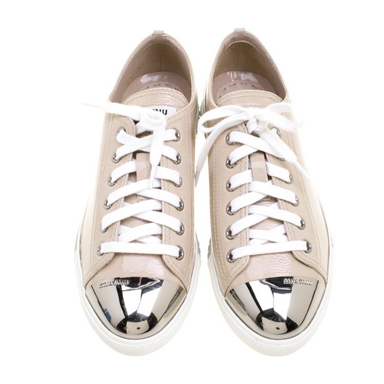 Pre Owned Miu Miu Blush Pink Patent Leather Cap Toe Sneakers Size 37