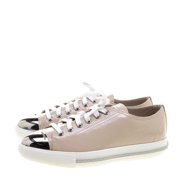 Pre Owned Miu Miu Blush Pink Patent Leather Cap Toe Sneakers Size 37