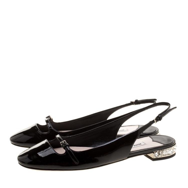 مملوكة مسبقًا Miu Miu Black Patent Leather Slingback Crystal Embellished Mary Jane Flats Size 38.5