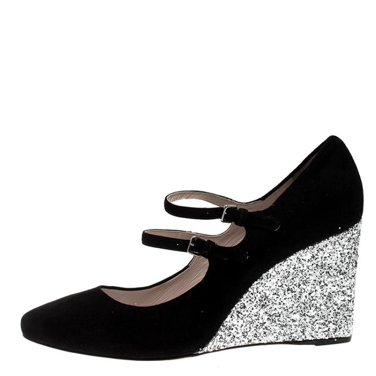 Pre Owned Miu Miu Black Suede Mary Jane Glitter Wedge Pumps Size 41