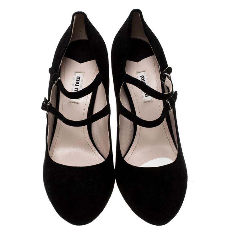 Pre Owned Miu Miu Black Suede Mary Jane Glitter Wedge Pumps Size 41