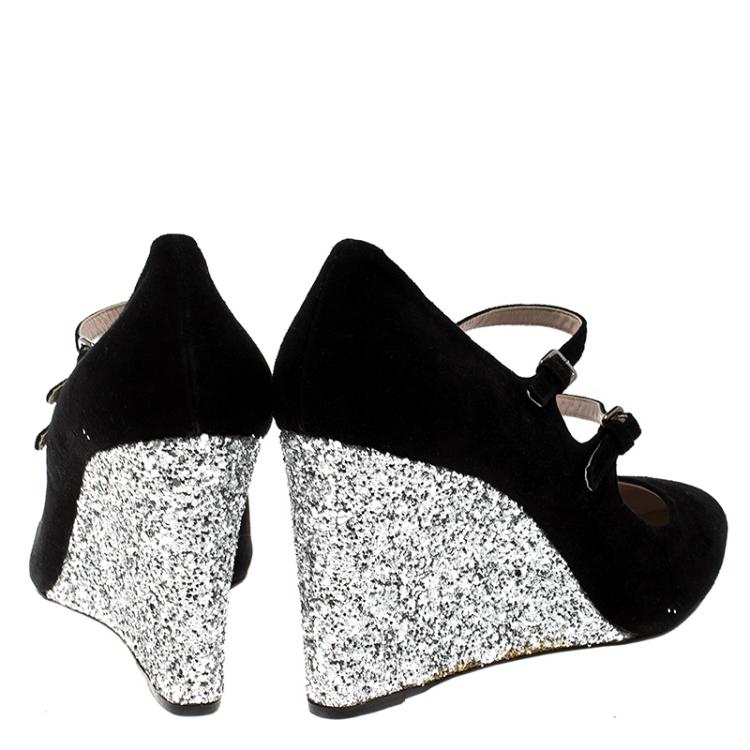 Pre Owned Miu Miu Black Suede Mary Jane Glitter Wedge Pumps Size 41