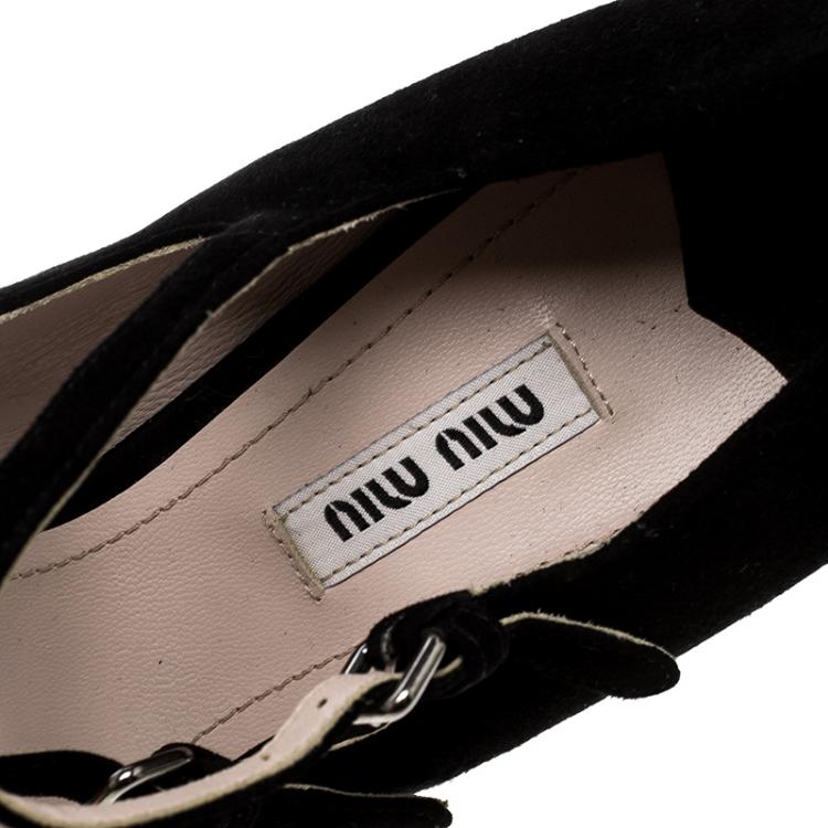 Pre Owned Miu Miu Black Suede Mary Jane Glitter Wedge Pumps Size 41