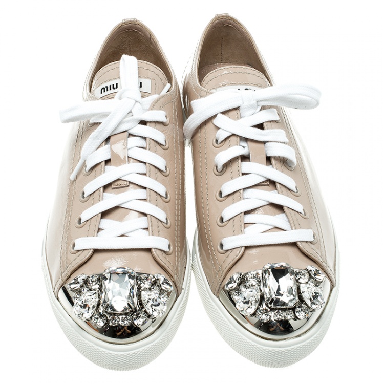 Pre Owned Miu Miu Beige Patent Leather Crystal Studded Cap Toe Sneakers Size 38