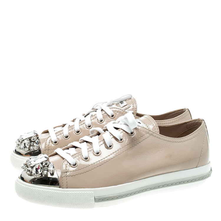 Pre Owned Miu Miu Beige Patent Leather Crystal Studded Cap Toe Sneakers Size 38