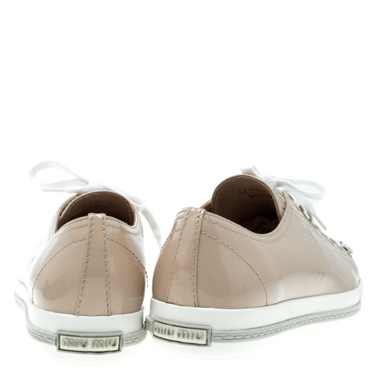 Pre Owned Miu Miu Beige Patent Leather Crystal Studded Cap Toe Sneakers Size 38