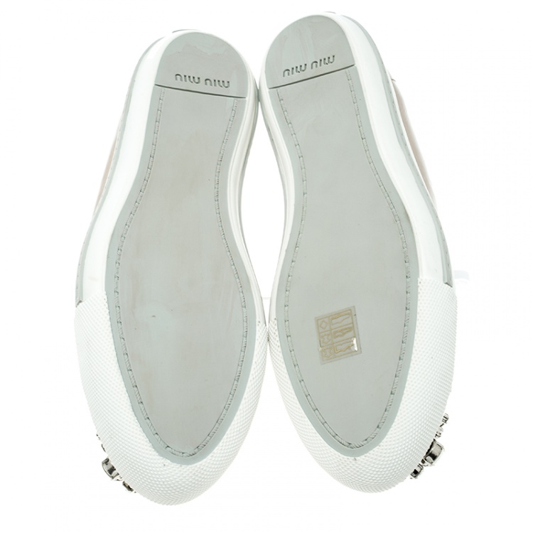 Pre Owned Miu Miu Beige Patent Leather Crystal Studded Cap Toe Sneakers Size 38