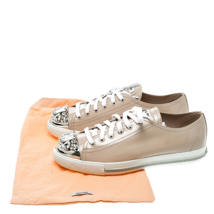 Pre Owned Miu Miu Beige Patent Leather Crystal Studded Cap Toe Sneakers Size 38