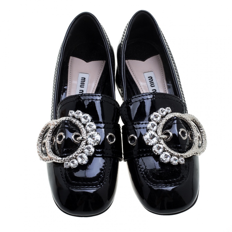 Pre Owned Miu Miu Black Patent Leather Crystal Embellished Buckle Loafer Pumps Size 34