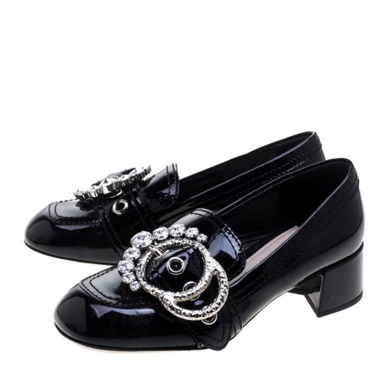 Pre Owned Miu Miu Black Patent Leather Crystal Embellished Buckle Loafer Pumps Size 34