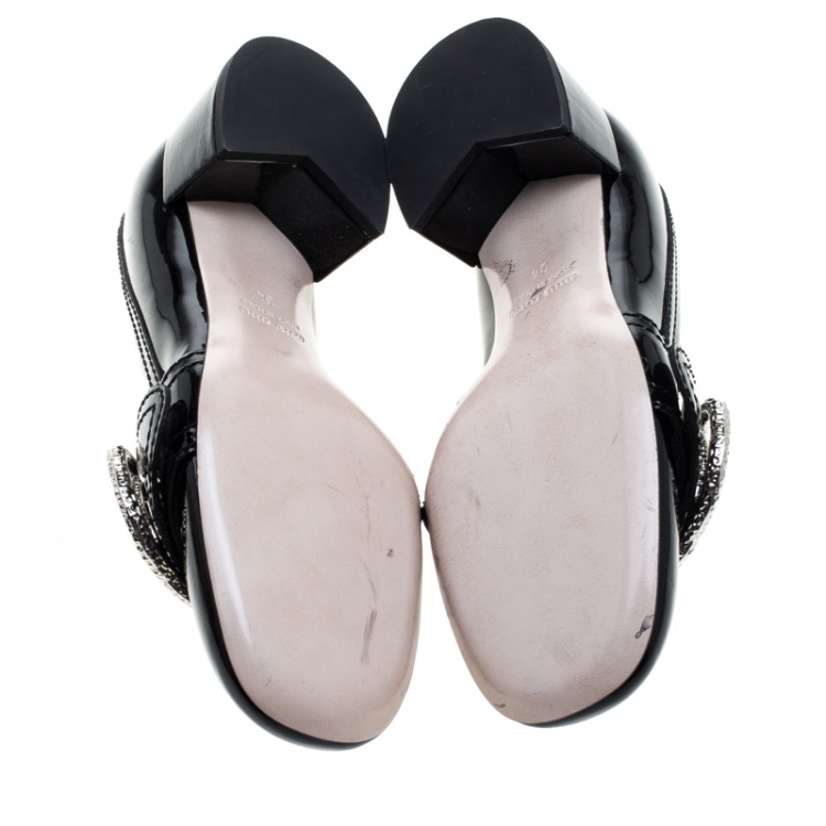 Pre Owned Miu Miu Black Patent Leather Crystal Embellished Buckle Loafer Pumps Size 34