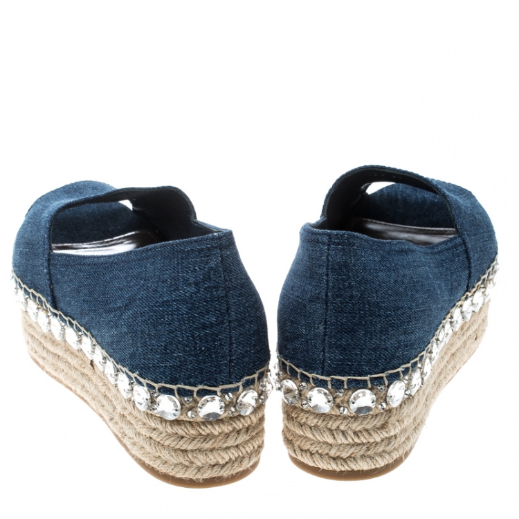 Pre Owned Miu Miu Indigo Dark Wash Denim Crystal Embellished Peep Toe Platform Espadrilles Size 39