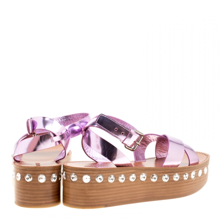 Pre Owned Miu Miu Metallic Purple Leather Crystal Embellished Wooden Platform Ankle Strap Sandals Size 39