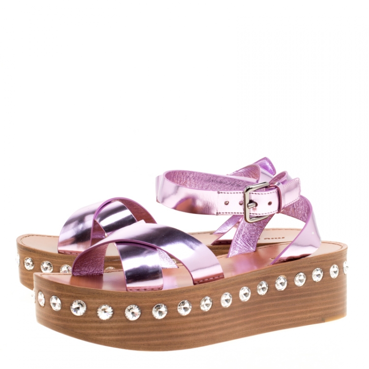 Pre Owned Miu Miu Metallic Purple Leather Crystal Embellished Wooden Platform Ankle Strap Sandals Size 39
