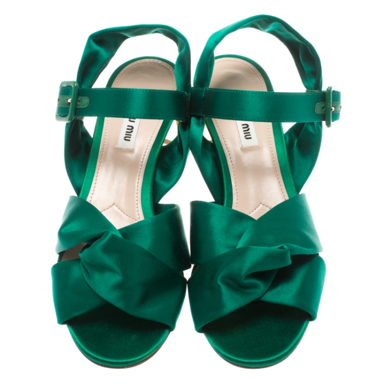Pre Owned Miu Miu Green Satin Swarovski Crystal Embellished Heel Ankle Strap Sandals Size 40