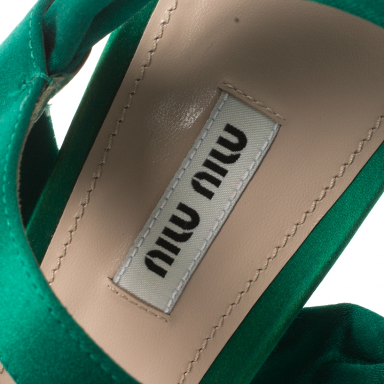 Pre Owned Miu Miu Green Satin Swarovski Crystal Embellished Heel Ankle Strap Sandals Size 40