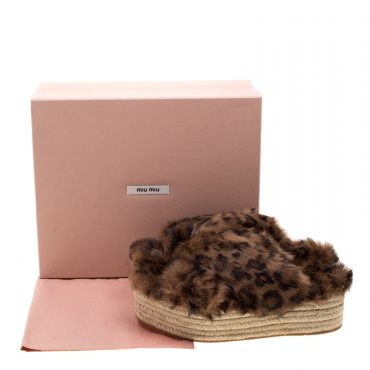 Pre Owned Miu Miu Brown Leopard Print Fur Cross Strap Espadrille Platform Slides Size 37