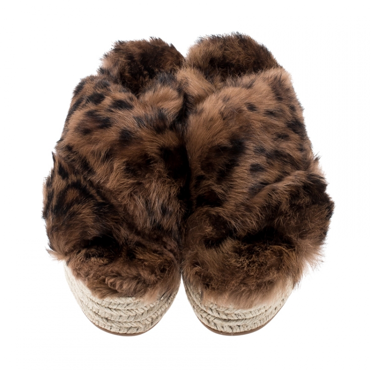 Pre Owned Miu Miu Brown Leopard Print Fur Cross Strap Espadrille Platform Slides Size 38