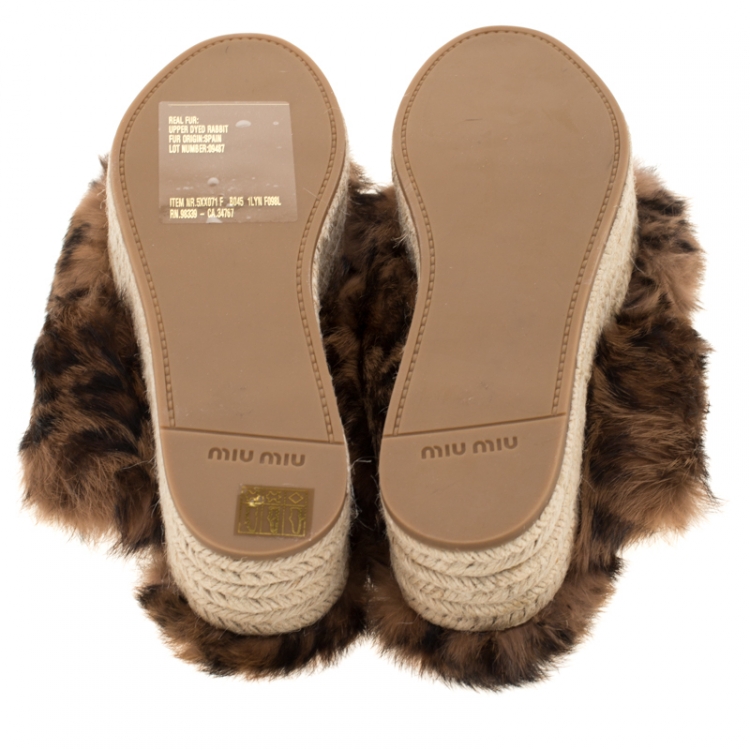 Pre Owned Miu Miu Brown Leopard Print Fur Cross Strap Espadrille Platform Slides Size 38