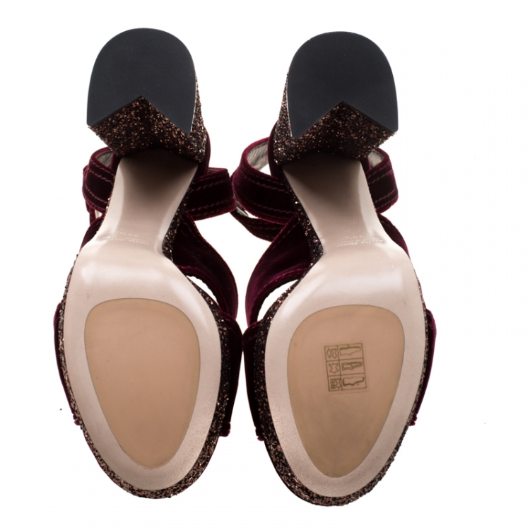 Pre Owned Miu Miu Burgundy Velvet Cross Strap Glitter Platform Ankle Strap Sandals Size 39.5
