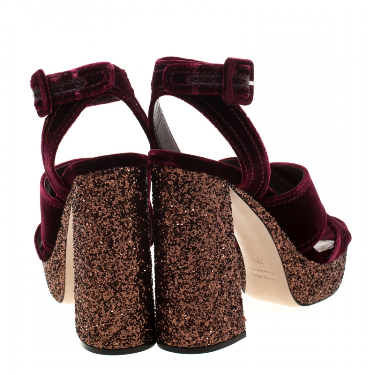 Pre Owned Miu Miu Burgundy Velvet Cross Strap Glitter Platform Ankle Strap Sandals Size 39.5