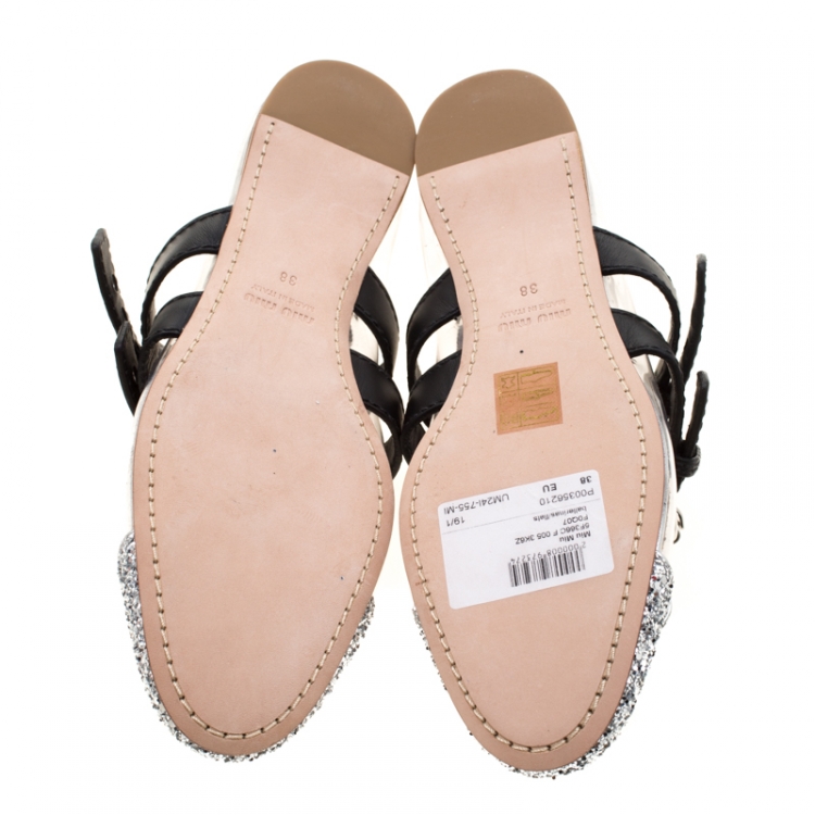 Pre Owned Miu Miu Metallic Silver Glitter And PVC Bow Buckle Detail Strappy Ballet Flat Sandals Size 38