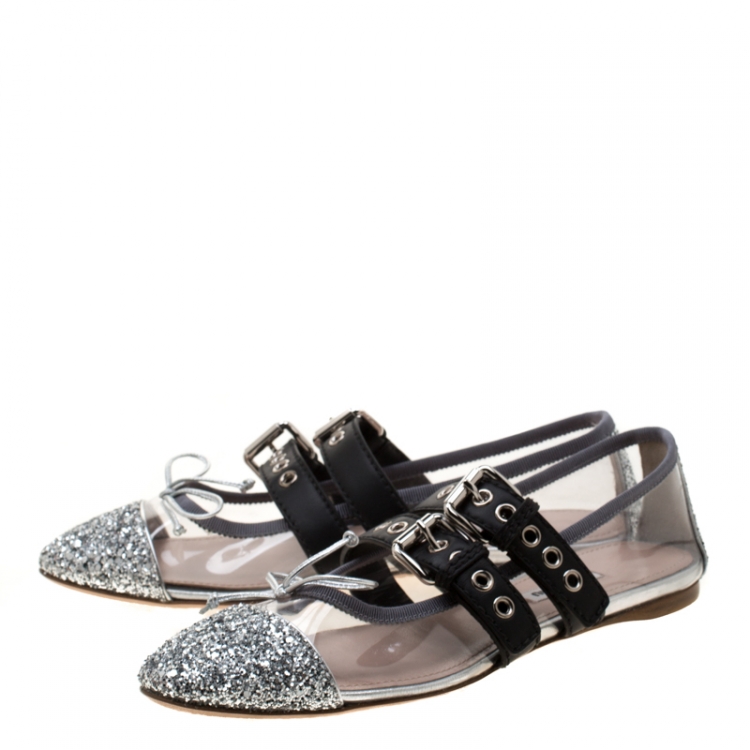 Pre Owned Miu Miu Metallic Silver Glitter And PVC Bow Buckle Detail Strappy Ballet Flat Sandals Size 38