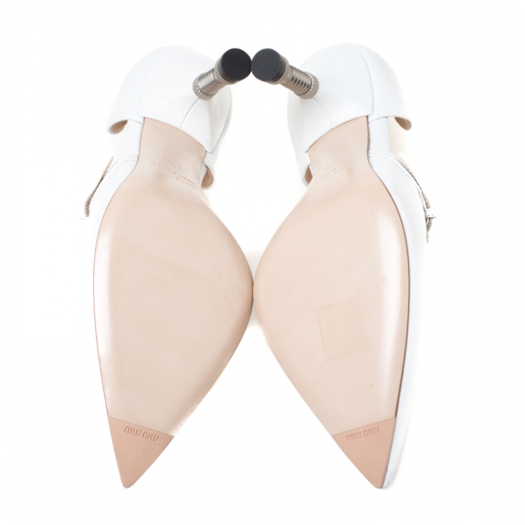 Pre Owned Miu Miu White Leather Pointed Toe Metal Heel D'Orsay Pumps Size 36.5