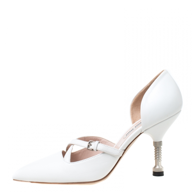 Pre Owned Miu Miu White Leather Pointed Toe Metal Heel D'Orsay Pumps Size 36.5