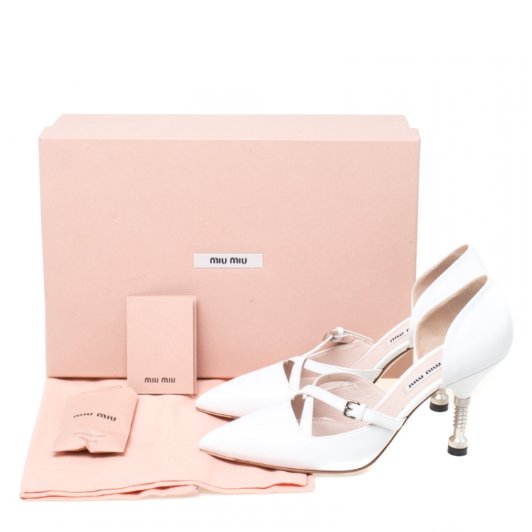 Pre Owned Miu Miu White Leather Pointed Toe Metal Heel D'Orsay Pumps Size 36.5