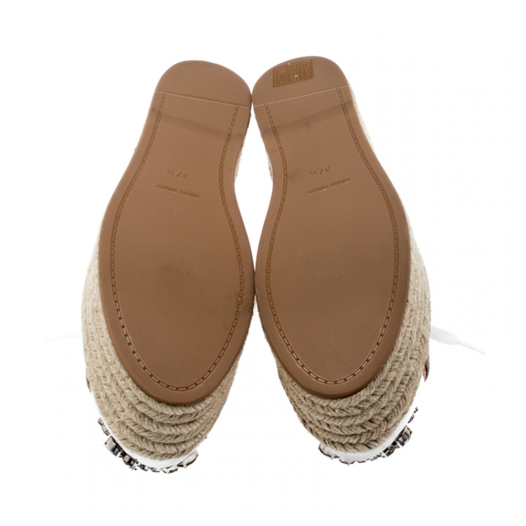 Pre Owned Miu Miu Nude Pink Embellished Metal Trim Satin Espadrille Platform Sneakers Size 37.5