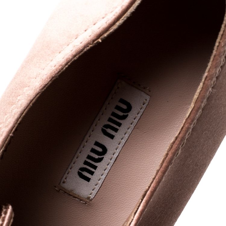 Pre Owned Miu Miu Nude Pink Embellished Metal Trim Satin Espadrille Platform Sneakers Size 37.5