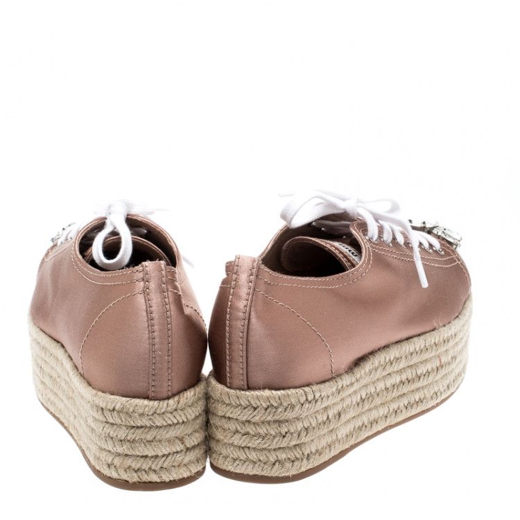 Pre Owned Miu Miu Nude Pink Embellished Metal Trim Satin Espadrille Platform Sneakers Size 37.5