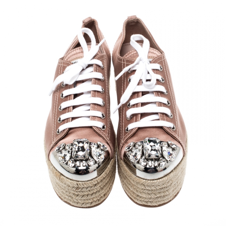Pre Owned Miu Miu Nude Pink Embellished Metal Trim Satin Espadrille Platform Sneakers Size 37.5