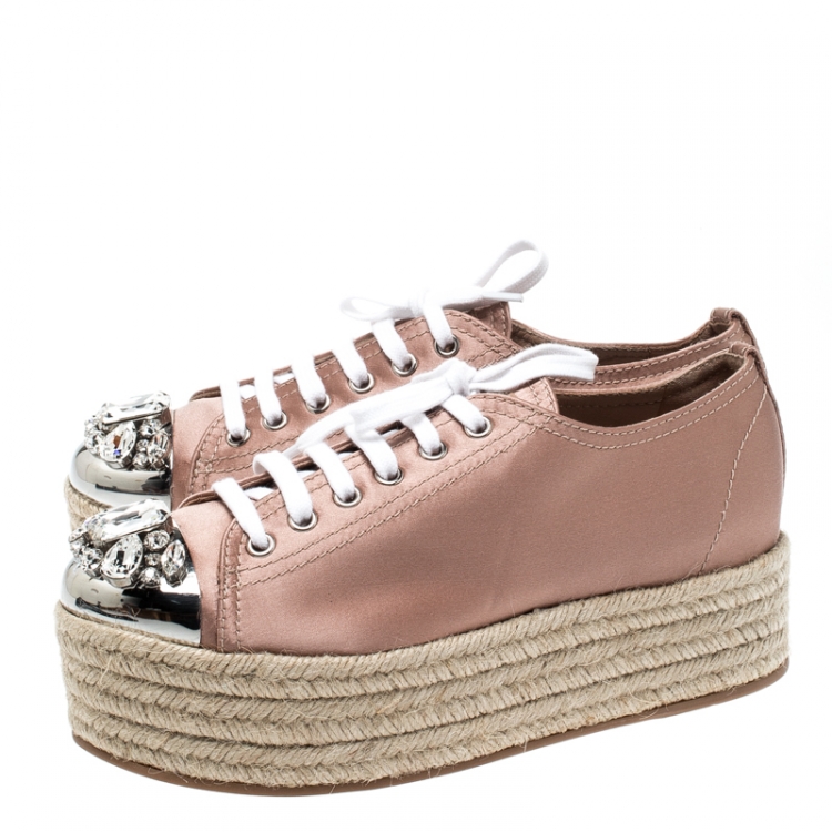 Pre Owned Miu Miu Nude Pink Embellished Metal Trim Satin Espadrille Platform Sneakers Size 37.5