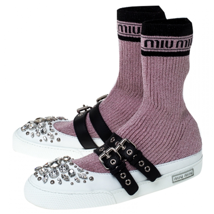 Pre Owned Miu Miu Pink Fabric And White Leather Embellished Buckle Detail Sock Sneakers Size 40
