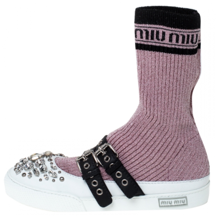 Pre Owned Miu Miu Pink Fabric And White Leather Embellished Buckle Detail Sock Sneakers Size 40