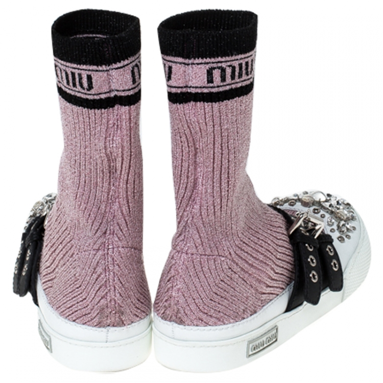 Pre Owned Miu Miu Pink Fabric And White Leather Embellished Buckle Detail Sock Sneakers Size 40