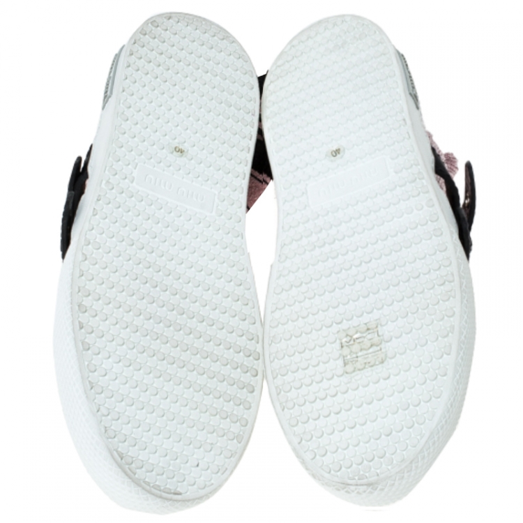 Pre Owned Miu Miu Pink Fabric And White Leather Embellished Buckle Detail Sock Sneakers Size 40