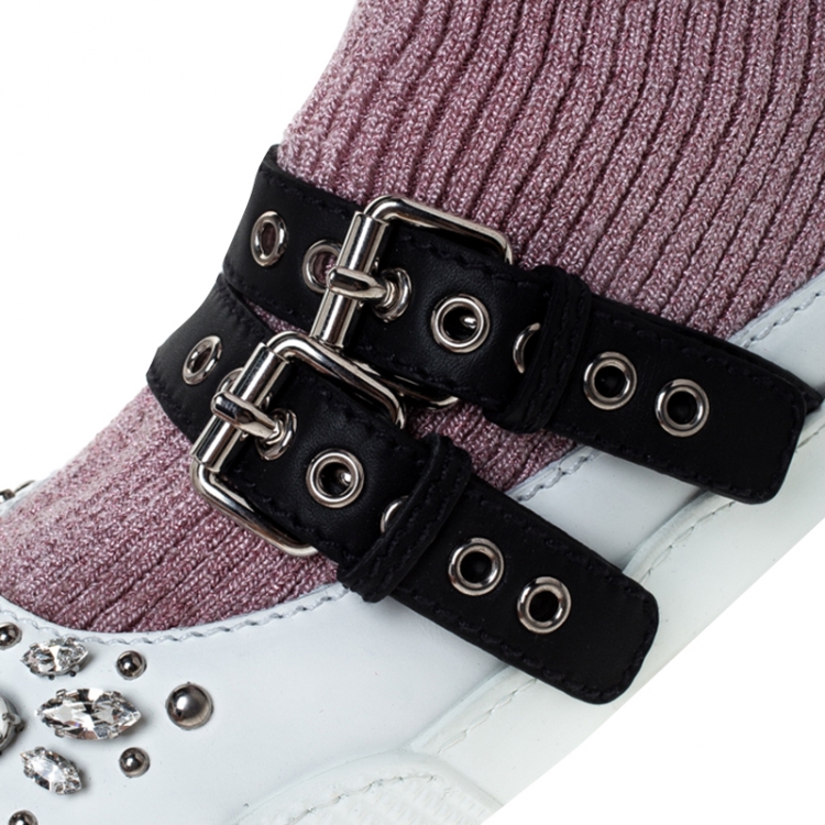 Pre Owned Miu Miu Pink Fabric And White Leather Embellished Buckle Detail Sock Sneakers Size 40