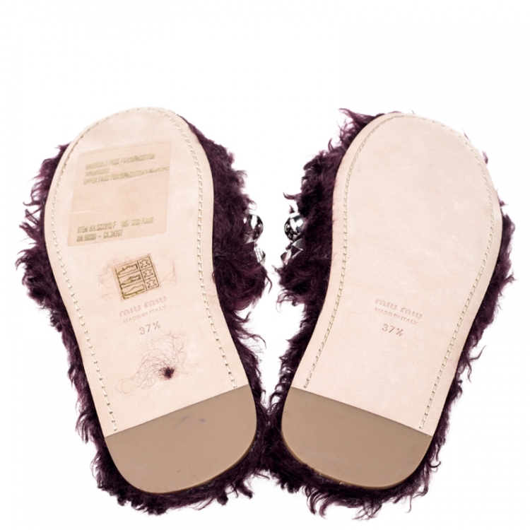 Pre Owned Miu Miu Burgundy Fur Embellished Flat Slides Size 37.5