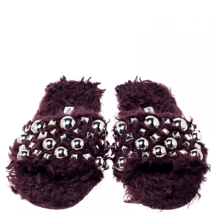 Pre Owned Miu Miu Burgundy Fur Embellished Flat Slides Size 37.5