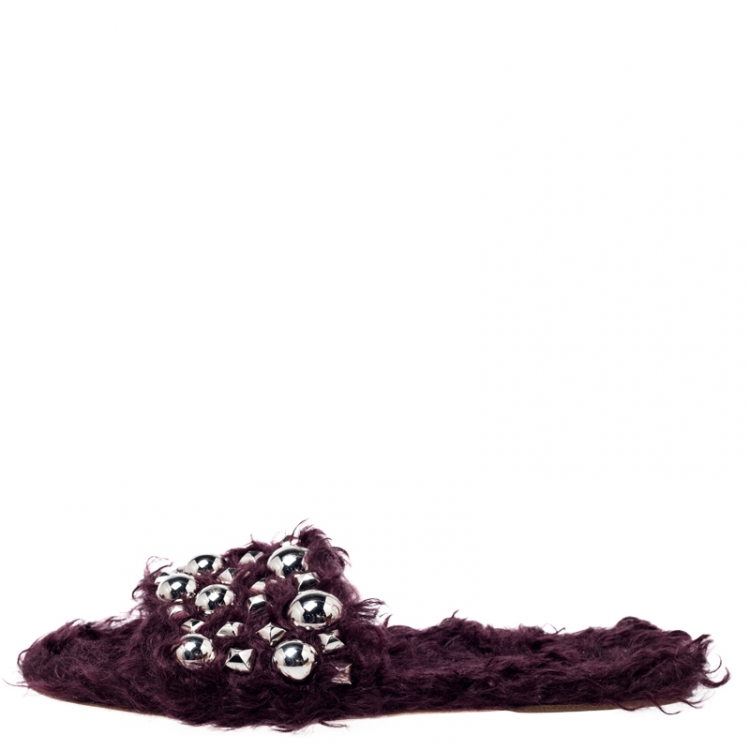 Pre Owned Miu Miu Burgundy Fur Embellished Flat Slides Size 37.5