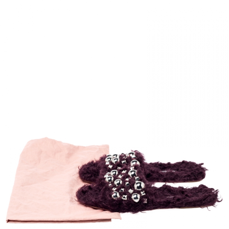 Pre Owned Miu Miu Burgundy Fur Embellished Flat Slides Size 37.5