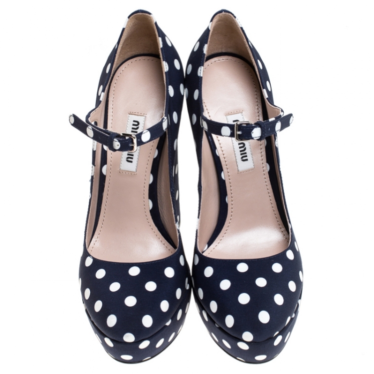 Pre Owned Miu Miu Blue Polka Dot Canvas Mary Jane Platform Pumps Size 35.5