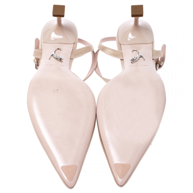 مملوكة مسبقًا Miu Miu Beige Satin Crystal Embellished Ankle Strap Sandals Size 37