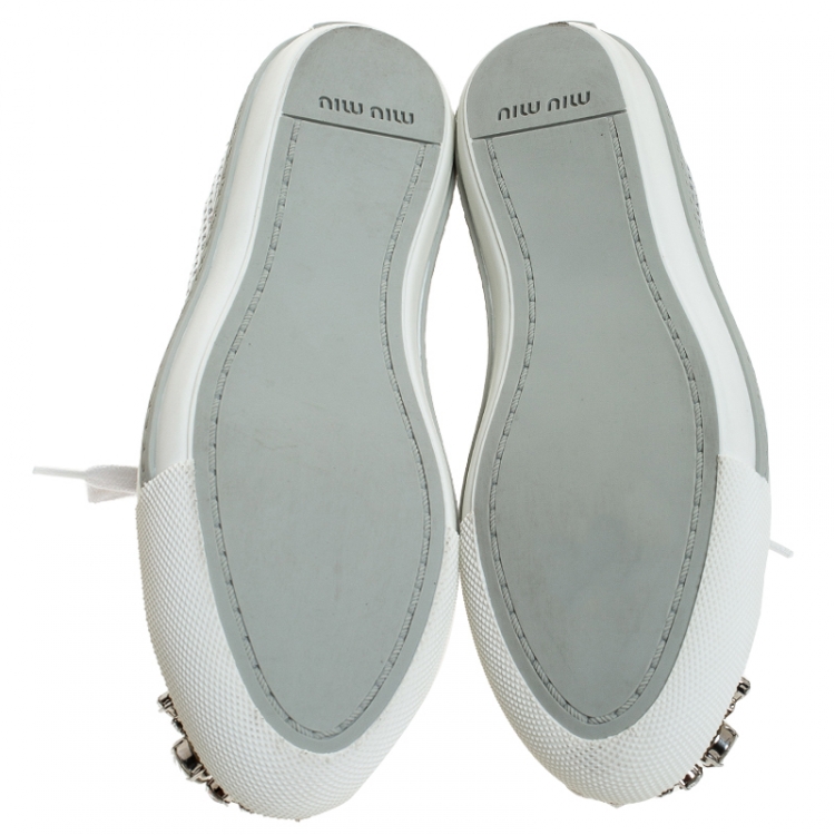 Pre Owned Miu Miu Metallic Silver Perforated Leather Crystal Embellished Lace Up Sneakers Size 36.5