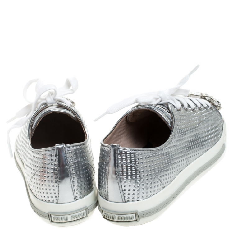 Pre Owned Miu Miu Metallic Silver Perforated Leather Crystal Embellished Lace Up Sneakers Size 36.5