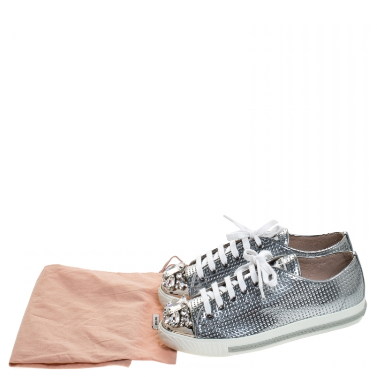 Pre Owned Miu Miu Metallic Silver Perforated Leather Crystal Embellished Lace Up Sneakers Size 36.5