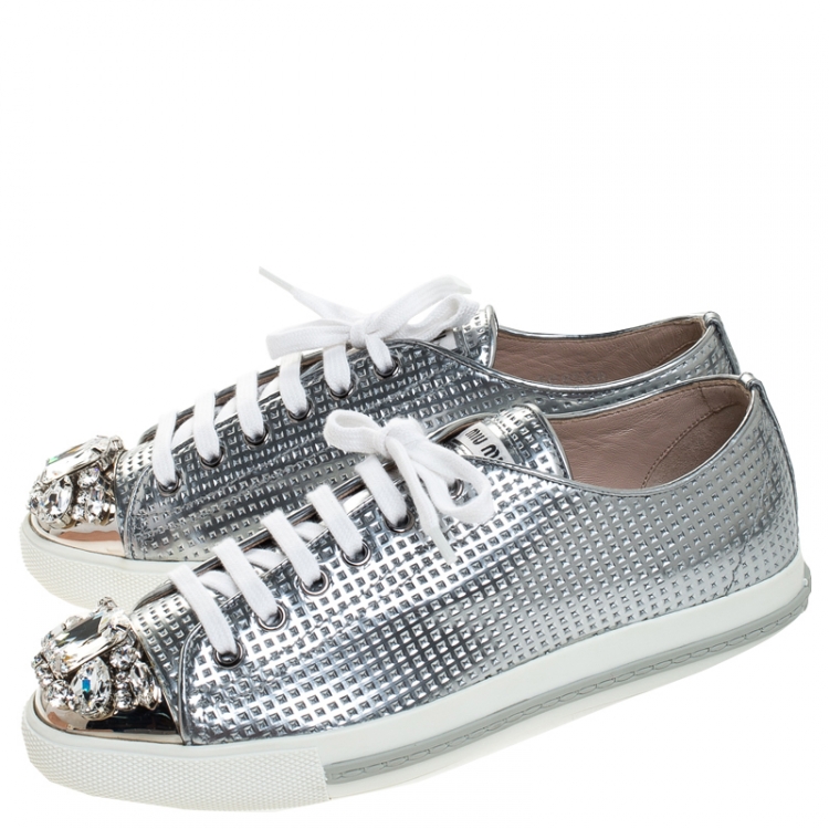 Pre Owned Miu Miu Metallic Silver Perforated Leather Crystal Embellished Lace Up Sneakers Size 36.5